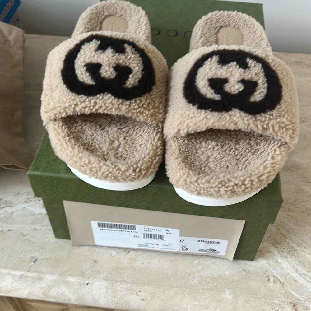 Gucci Beige Shearling Logo Slide Sandals